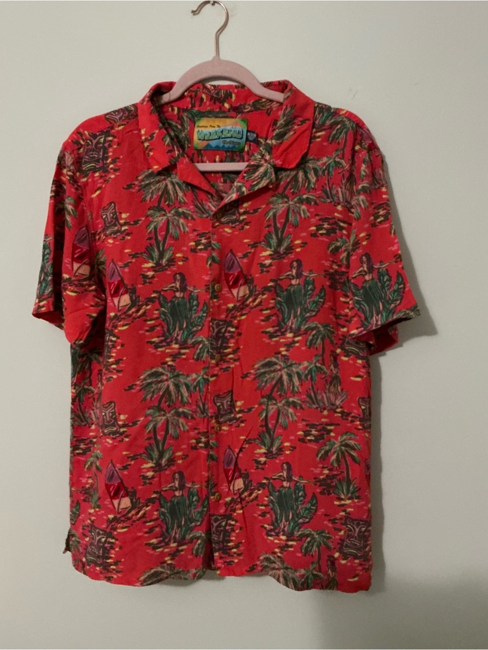 Men's Red Tropical Print Short Sleeve Shirt “ Greeting from the Wknd”size Medium